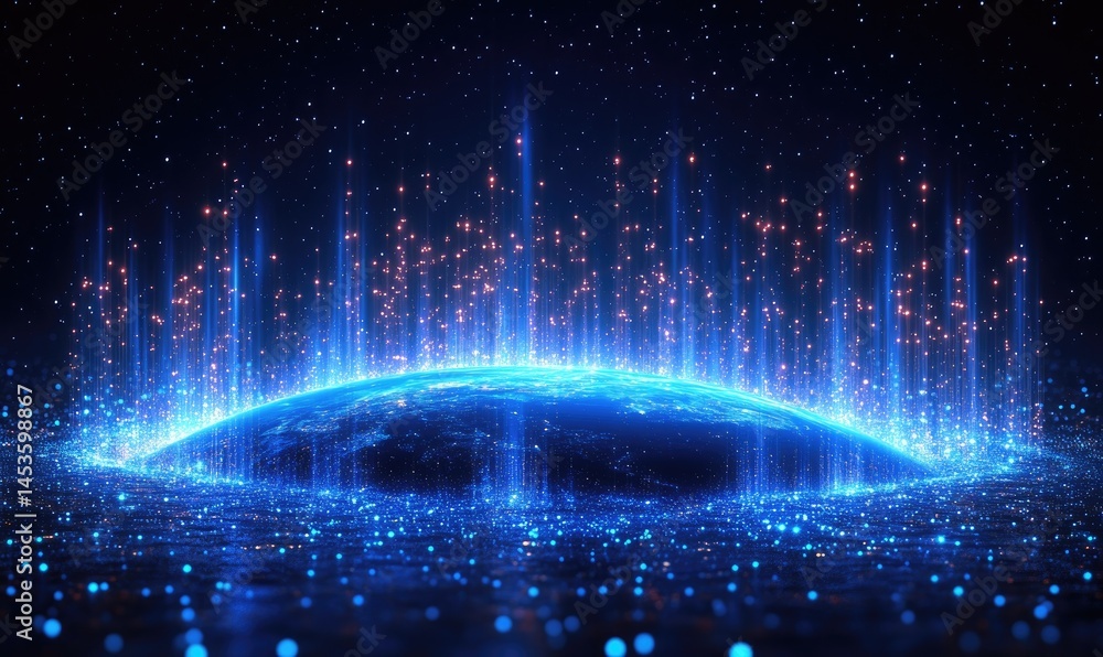 Poster a digital rendering of a planet encircled by luminous beams.