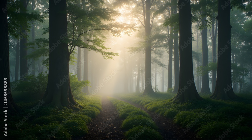 Poster sunlit path through a mystical foggy forest, tall trees line the serene, mossy trail, creating an en