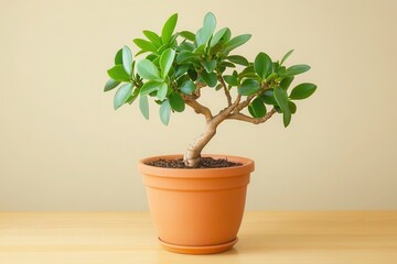 Obraz premium A small potted plant with lush green leaves positioned on a wooden table against a plain background