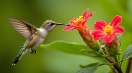 Fototapeta premium Hummingbird delicately feeding from vibrant red flowers, wings outstretched in mid-flight against a soft green backdrop. A captivating moment of natures beauty.