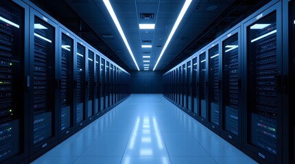Data Center Corridor Illuminated Blue Light Gleaming Servers Rows Reflecting Floor Modern Technology Infrastructure Digital World