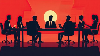 Silhouette meeting around a table with laptops and a mysterious setting