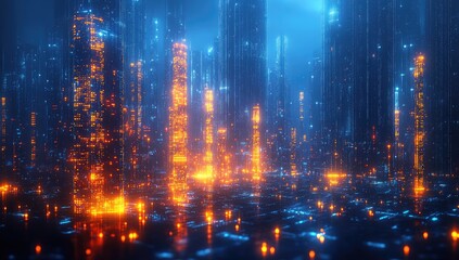 Futuristic cityscapes illuminated by glowing structures.