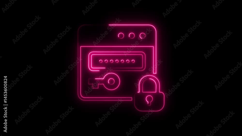 Poster neon pink lock icon data security concept animation on black background cybersecurity digital privac