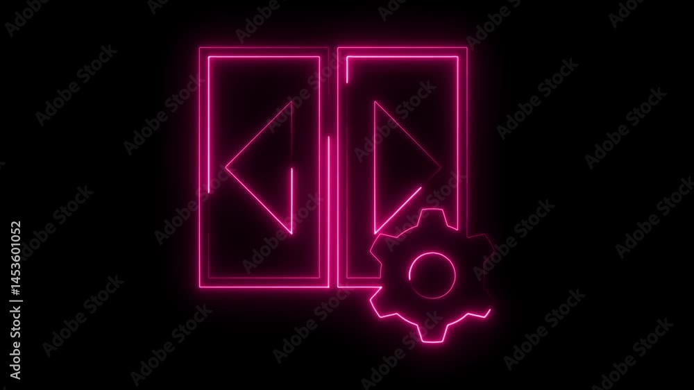 Poster neon data migration and settings glowing animated icon on black background