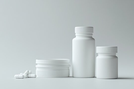 White supplement bottles and capsules create a minimal and clean medical display on grey