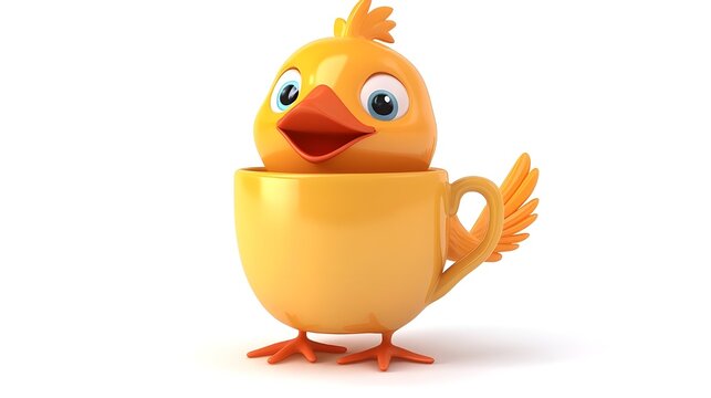This is a  yelloow baby chick, holding coffee cup or tea mug ojn whjite background , Yellow bird holding tea mug on white backgroung 
