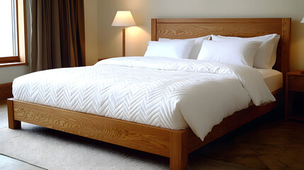 Wooden Bed Frame with White Bedding Chevron Quilt Pattern