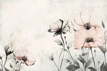 Naklejka premium Watercolor flowers bloom against a textured neutral background.