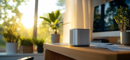 Elegant home office setup featuring a smart speaker with modern aesthetics