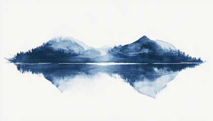 Fototapeta premium Abstract Mountain Reflection in Deep Blue Hues Tranquil Waters Serene Landscape Calm Panoramic View Minimalist Design Artistic Illustration and Decorative Element