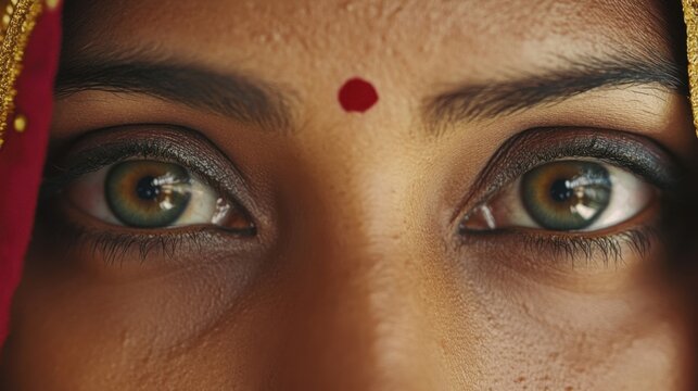 Close-up portrait of Indian woman's expressive eyes with red bindi dot on forehead