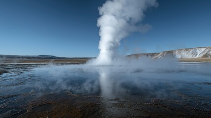 Geyser erupts steam into clear blue sky