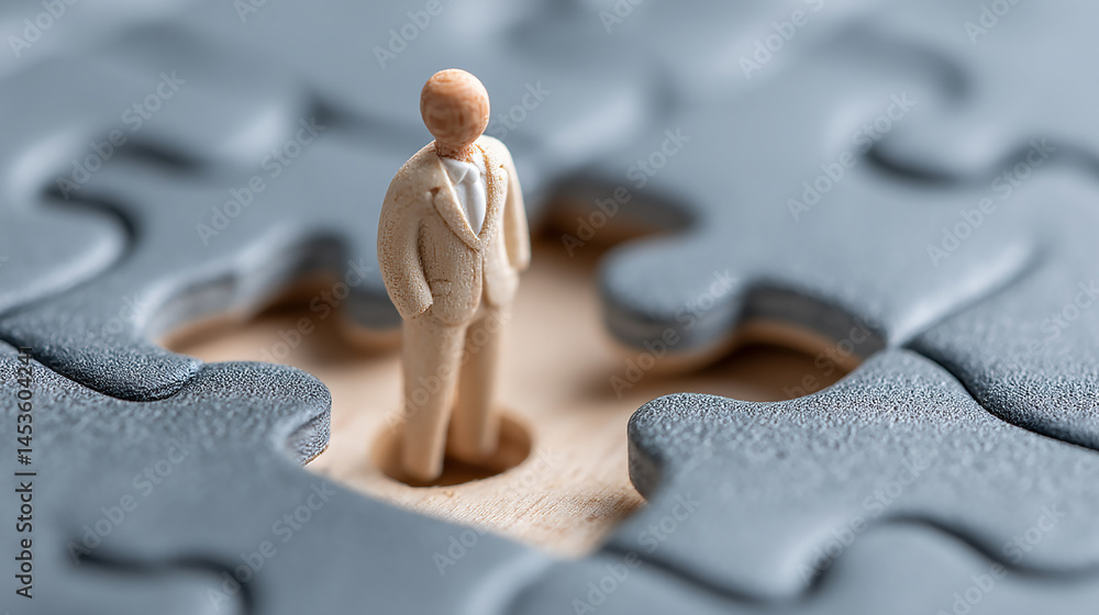Poster businessman standing in a puzzle piece representing problem solving and strategy