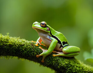 Naklejka premium Lush green frog on moss branch.