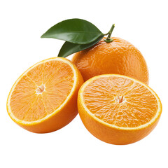 Fresh orange with sliced halves and green leaves