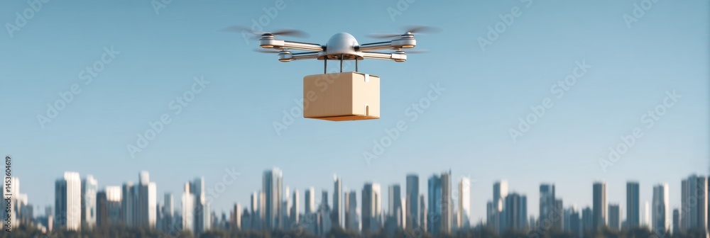 Aufkleber delivery drone transporting a cardboard package over a modern urban skyline on a clear day generativ