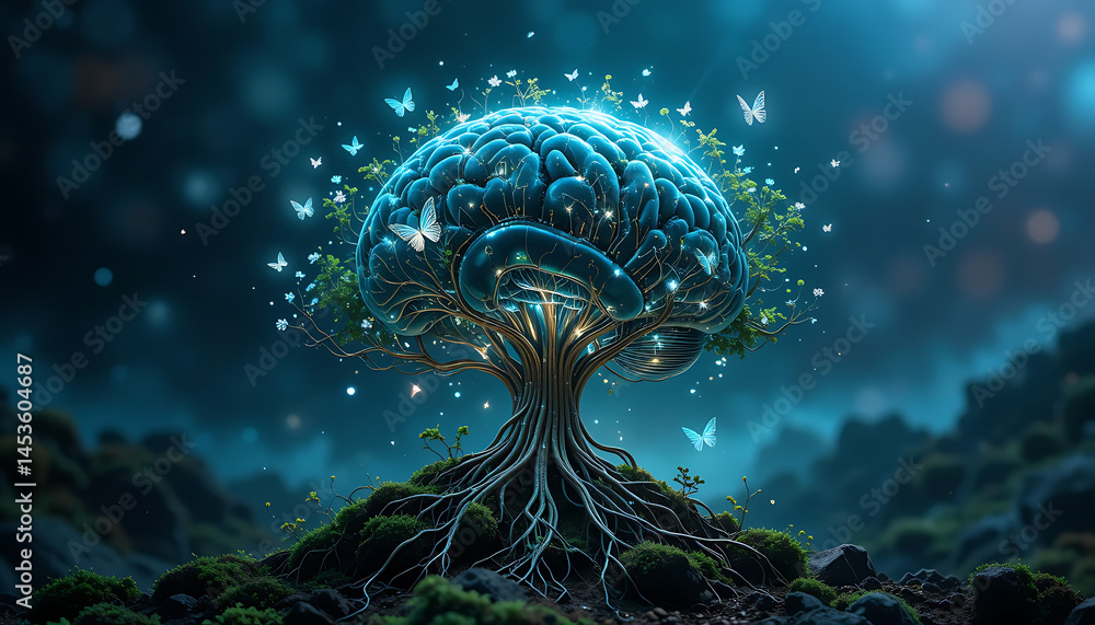 Poster poster and template with biotechnology brain with butterfly research in futuristic lab featuring chi