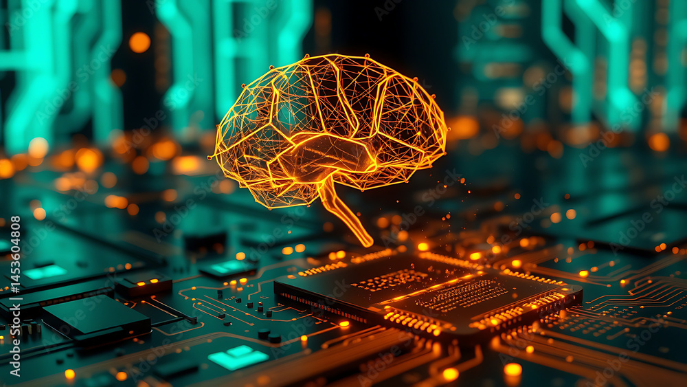 Poster human brain biotechnology research poster and template highlighting neural network chipset and lab s