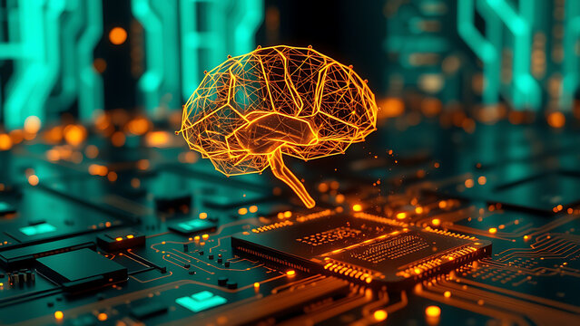 Human brain biotechnology research poster and template highlighting neural network chipset and lab science interface using light dot illustrations for educational and scientific visual presentation - Powered by Adobe