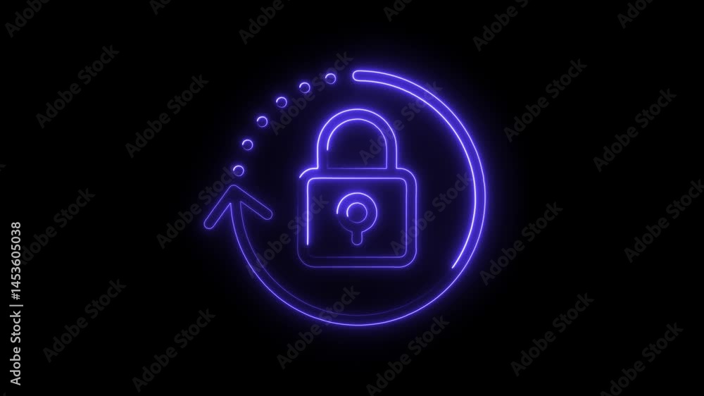 Poster neon style password reset concept animation with glowing lock and arrow illustration against black b
