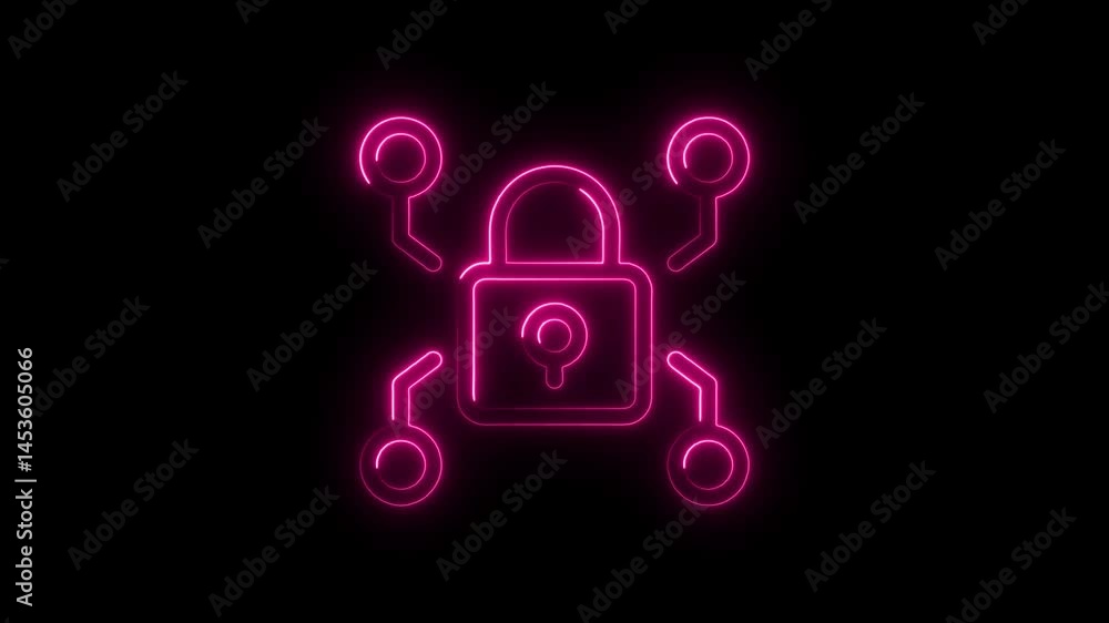 Poster pink neon cybersecurity lock with network connection animation on black background protecting digita