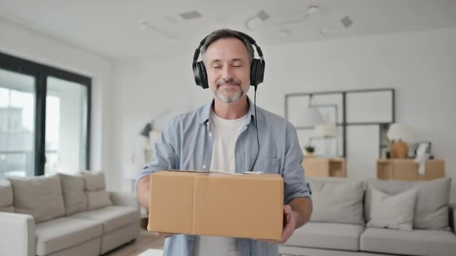 Man holding cardboard box, listening to music at home, interior shot, relaxed