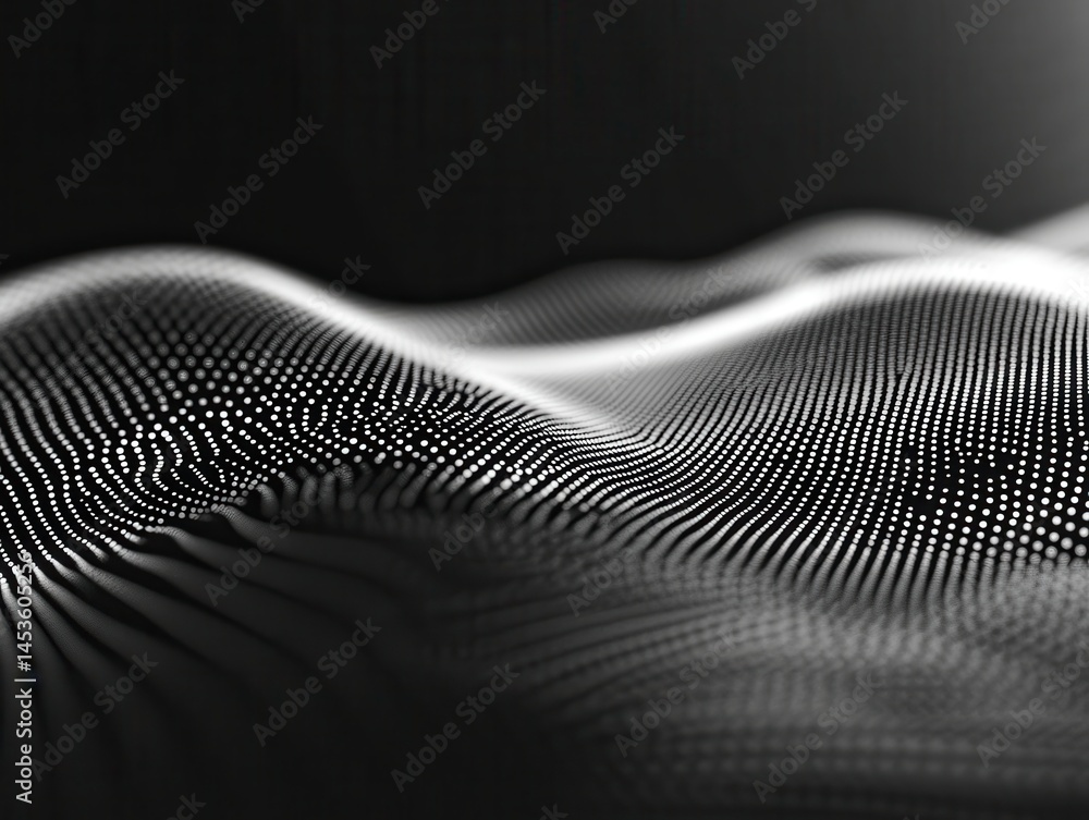 Poster abstract wavy surface with white particles against dark backdrop in a futuristic grid design