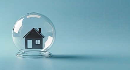 Home Protection Concept with House Enclosed in Glass Bubble on Light Blue
