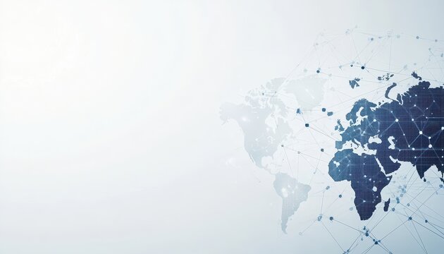 Abstract World Map with Blue Grid Overlay on Light Gray Background for Global Network Communication and Digital Technology Design Element - Powered by Adobe