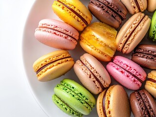 Assorted Colorful Macarons on a White Plate Top View Display of Pink Yellow Green and Chocolate Macarons Delicious French Confectionery Baked with Studio Lighting and Elegant Arrangement