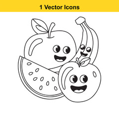 Obraz premium Cute Cartoon Fruits Apple Banana Watermelon Coloring Page Illustration