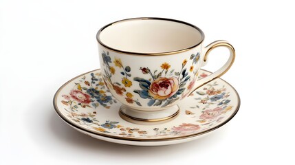 Empty antique cup and saucer with rose decoration isolated on white background  English tea cup , Small porcelain cup of coffee isolated on a white background
