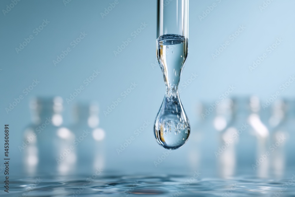 Poster Droplet of Medicine Suspended in Air Above a Clean Background With Blurred Vials in the Distance Generative AI