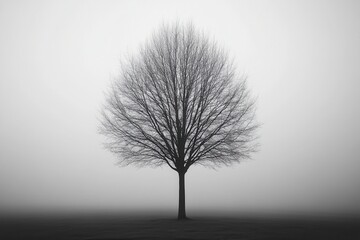 A solitary tree stands in a foggy landscape, creating a serene and mysterious atmosphere (1)