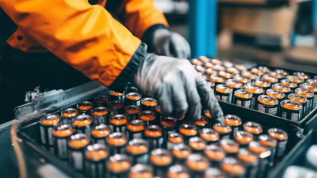 A worker in an orange jacket organizes batteries on a warehouse shelf in daylight