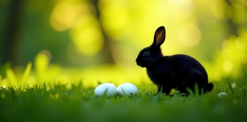 Silhouette of black rabbit, white eggs in foreground, grassy background, outdoor, Easter