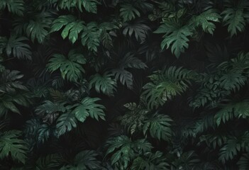 Fototapeta premium Intricate black & green exotic leaf pattern Shadowy, lush, stylish jungle foliage , gothic, tropical leaves