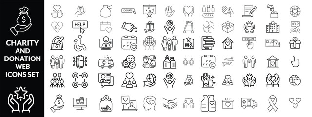 Charity and Donation set of web icons in line style. Volunteering and donation icons for web and mobile app. Help, caring, solidarity, alms, donate, volunteer, care, charity and more. Editable stroke1