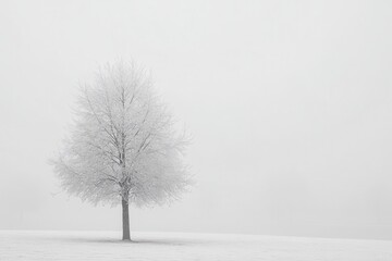 Fototapeta premium A solitary tree stands in a snowy landscape, enveloped in fog, creating a serene atmosphere