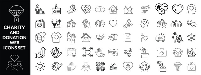 Charity and Donation set of web icons in line style. Volunteering and donation icons for web and mobile app. Help, caring, solidarity, alms, donate, volunteer, care, icon Set design 