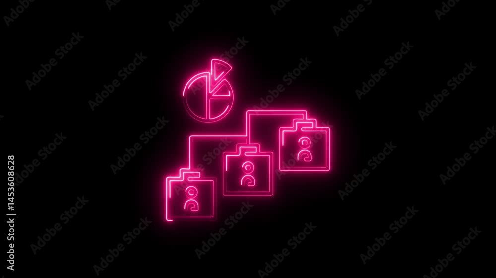 Poster neon style organization chart with pie chart and user icons connected on black background