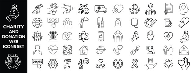 Charity and Donation set of web icons in line style. Volunteering and donation icons for web and mobile app. Help, caring, solidarity, alms, donate, volunteer, care, icon Set design 