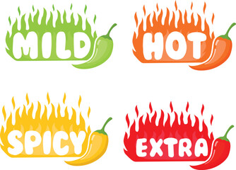 Pepper spice level. Red chili pepper. Mild, spicy, hot, extra hot