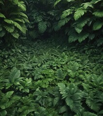 Lush, emerald green tropical leaves carpet the forest floor ,  damp,  jungle
