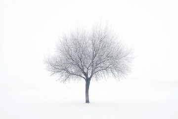A solitary tree stands in a snowy landscape, surrounded by a serene white backdrop