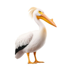 A pelican poses elegantly, displaying its distinctive white feathers, bright orange bill, and black wing markings. The creature stands in a relaxed manner, highlighting its graceful form