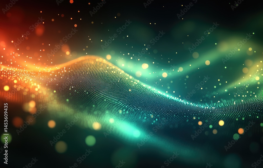 Poster abstract digital design with shimmering particles and vibrant color gradients.