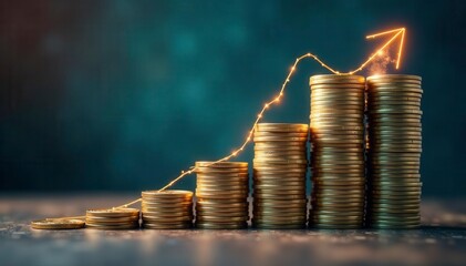 A graph showing exponential upward curve with rising stacks of money, exponential, currency