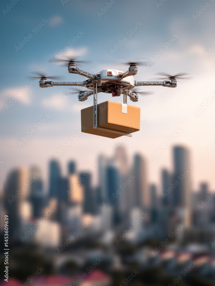 Poster delivery drone transports small package across an urban skyline showcasing modern technology and log